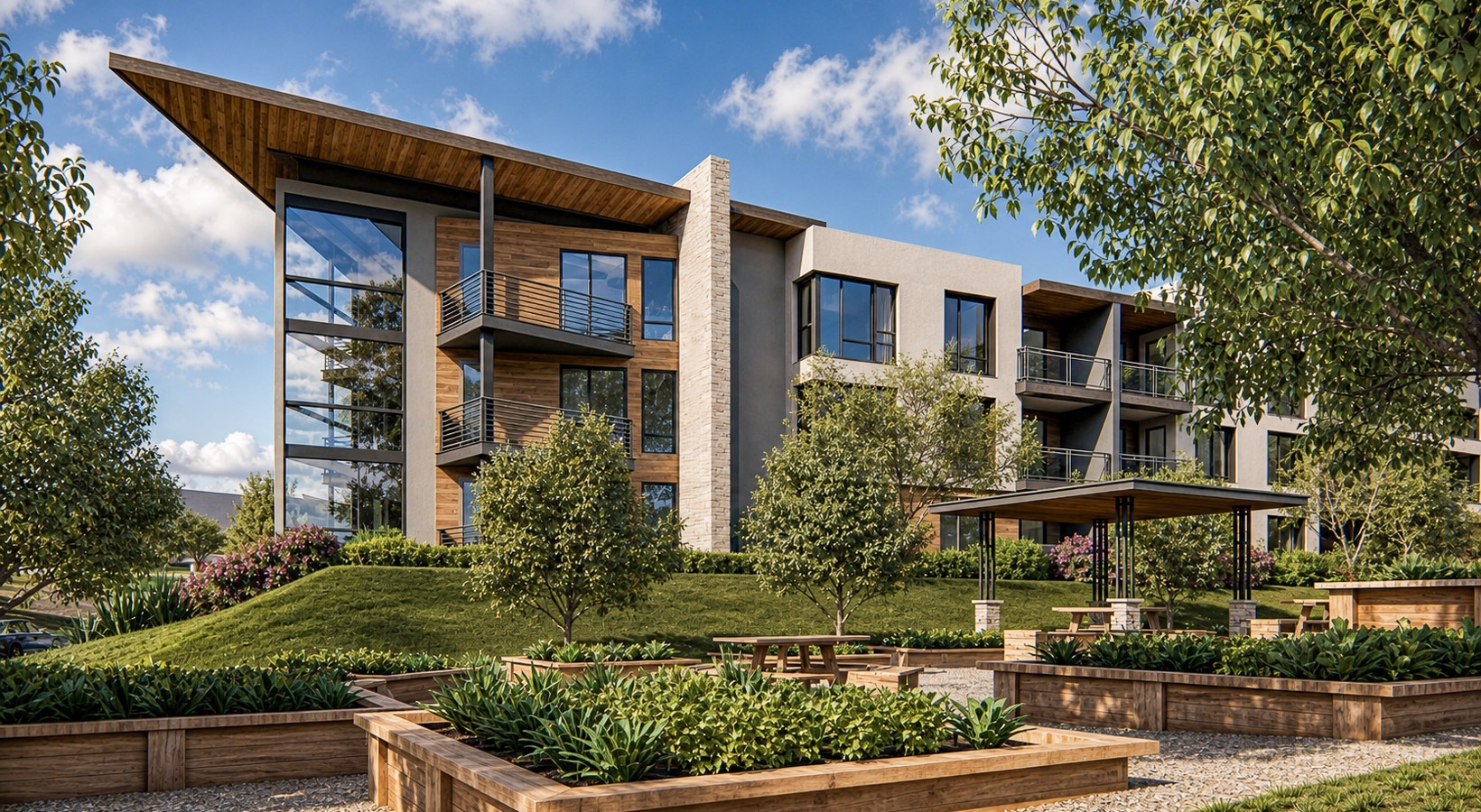 a building surrounded by landscaping and trees