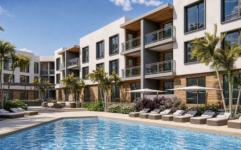 Resort-style swimming pool with lounge seating