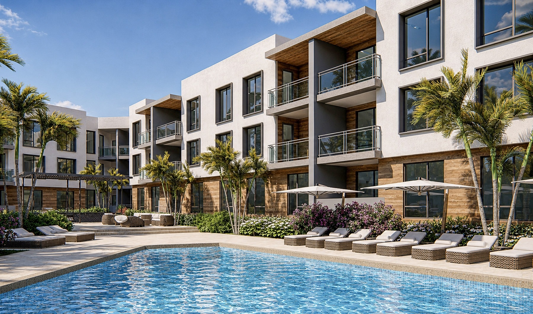 Resort-style swimming pool with lounge seating
